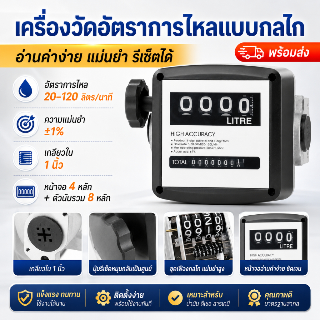 【พร้อมส่ง】มิเตอร์วัดอัตราการไหลน้ำมันเชื้อเพลิงแบบกลไก 1 นิ้ว ความแม่นยำ ±1% หน้าจอ 4 หลัก ตัวนับรวม 8 หลัก อัตราการไหล 20–120 ลิตร/นาที สำหรับดีเซล น้ำมันหล่อลื่น และของเหลว