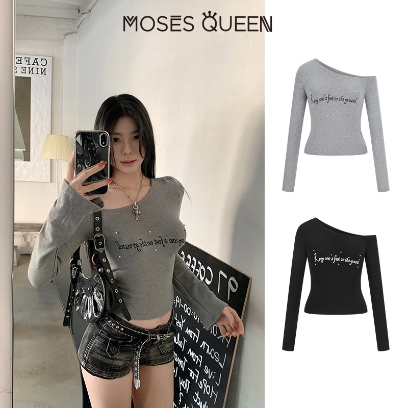 MOSESQUEEN เสื้อเชิ้ตผู้หญิงแขนยาวปิดไหล่แบบอสมมาตร สไตล์เรียบง่ายนุ่มสบาย ผ้าระบายอากาศสำหรับสวมใส่ในชีวิตประจำวัน #63500