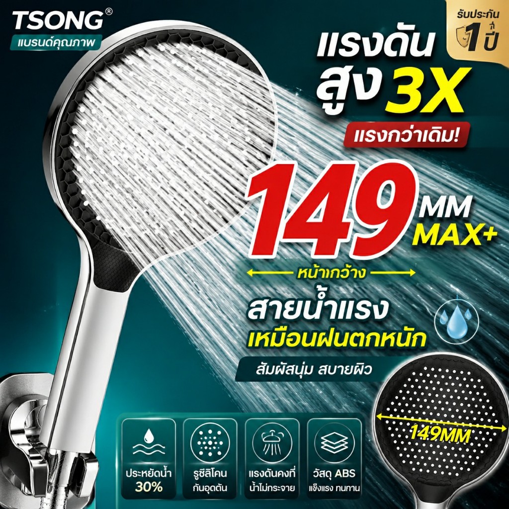 [Ready Stock] TSONG  ฝักบัวแรงดันสูง 5-6 ระดับ High Pressure Shower Head Universal Interface ฝักบัวอาบน้ำ เพิ่มแรงดันน้ำ ประหยัดน้ำ (Black/Silver) C086