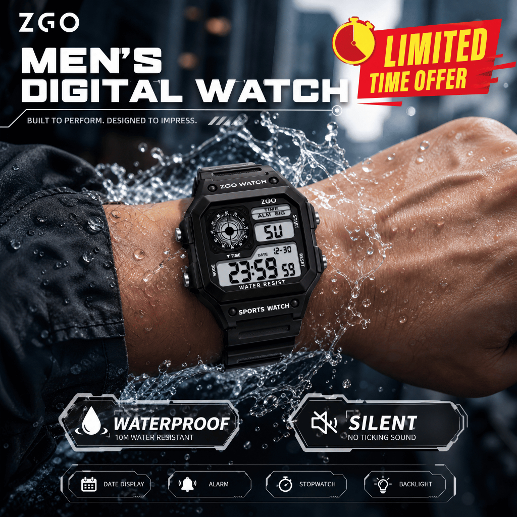 【🔥Flash Sale】ZGO นาฬิกาทรงสี่เหลี่ยม ไม่มีเสียงติ๊กติ๊ก กันน้ำ มีฟังก์ชันปลุก เหมาะใส่ไปโรงเรียน ทำงาน ออกกำลังกาย ใช้ได้ทุกโอกาส 900