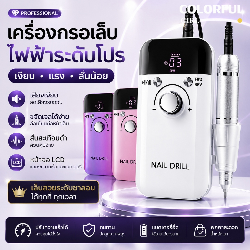 เครื่องเจียรเล็บไฟฟ้า ｜V6 เครื่องเจียรเล็บมืออาชีพ 45,000RPM｜ตะไบเล็บไฟฟ้า｜เครื่องเจียรเล็บไร้สาย｜เครื่องขัดเล็บไฟฟ้า｜หน้าจอ LCD อัจฉริยะ｜ปรับความเร็วได้ พร้อมระบบหมุนซ้าย-ขวา