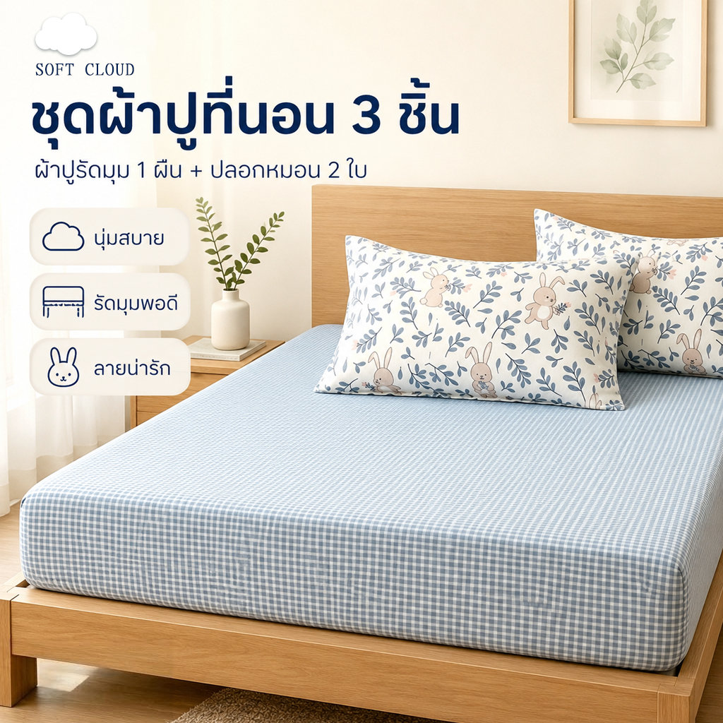Soft Cloud ผ้าปูที่นอน ชุดผ้าปูที่นอน 3.5ฟุต/5ฟุต/6ฟุต ผ้าปูที่นอนกันไรฝุ่น รัดมุมรอบเตียง360องศา พร้อมส่ง