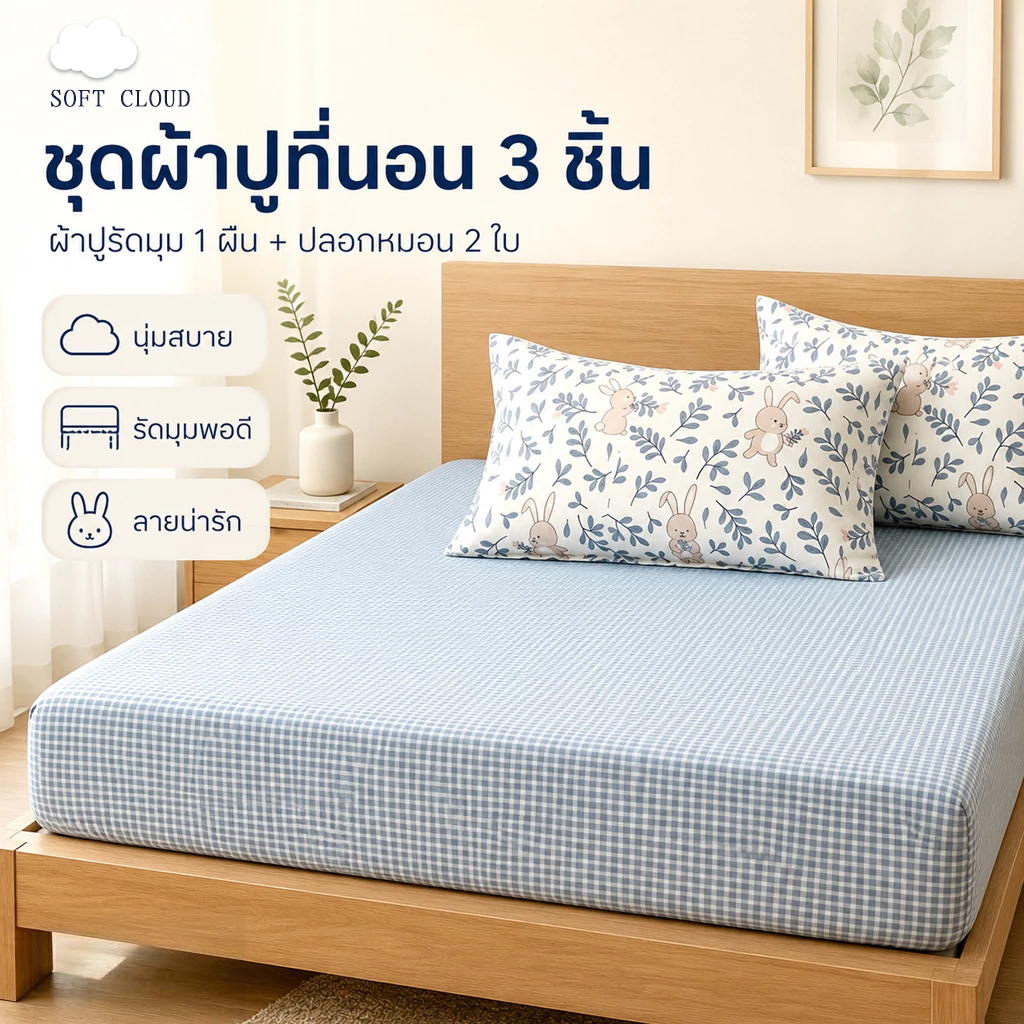 Soft Cloud ผ้าปูที่นอน ชุดผ้าปูที่นอน 3.5ฟุต/5ฟุต/6ฟุต ผ้าปูที่นอนกันไรฝุ่น รัดมุมรอบเตียง360องศา พร้อมส่ง