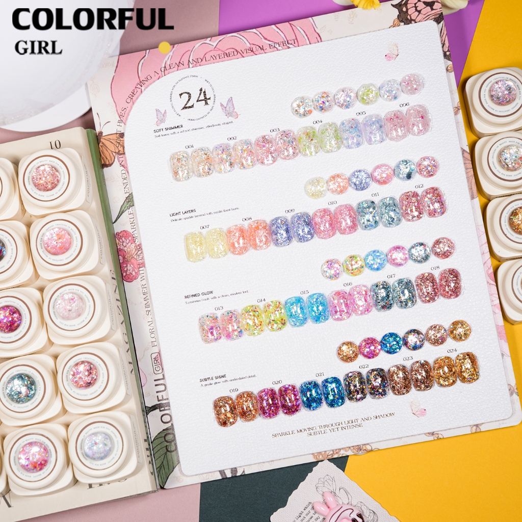 【พร้อมส่ง】เจลเล็บ COLORFUL GIRL 24 สี | สีเจลกลิตเตอร์วิบวับจัดเต็ม |5 กรัม | กลิตเตอร์เนื้อแน่น | แบบกระปุก วิ้งกระแทกตา เล่นแสงสุดปัง | ทาแล้วดูแพงทันที (ทามาให้แล้ว พร้อมใช้งาน) สีเจลกลิตเตอร์เนื้อแน่น |