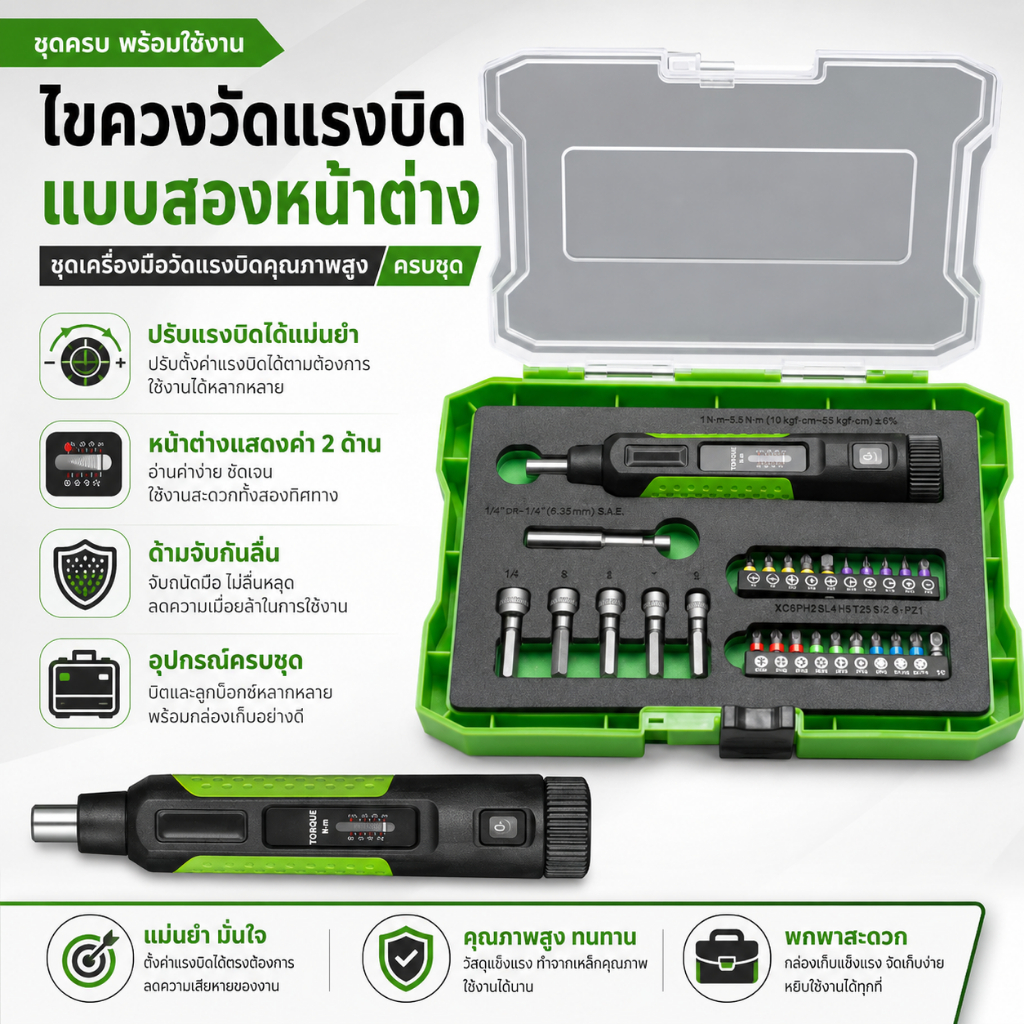 ไขควงแรงบิด 1-8 N.m ปรับได้ ด้ามจับตามหลักสรีรศาสตร์ มีแม่เหล็กยึดบิต