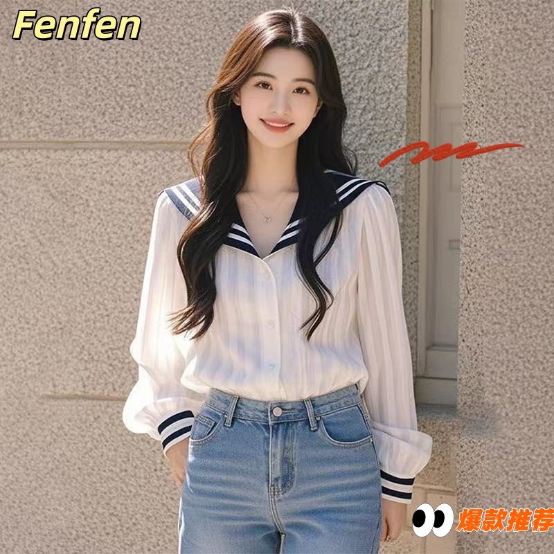 เสื้อเชิ้ตแขนยาวคอปกสีกรมท่าสีขาวต้นฤดูใบไม้ร่วงสไตล์ใหม่ผู้หญิงสไตล์เย็นเฉพาะกลุ่มด้านบน