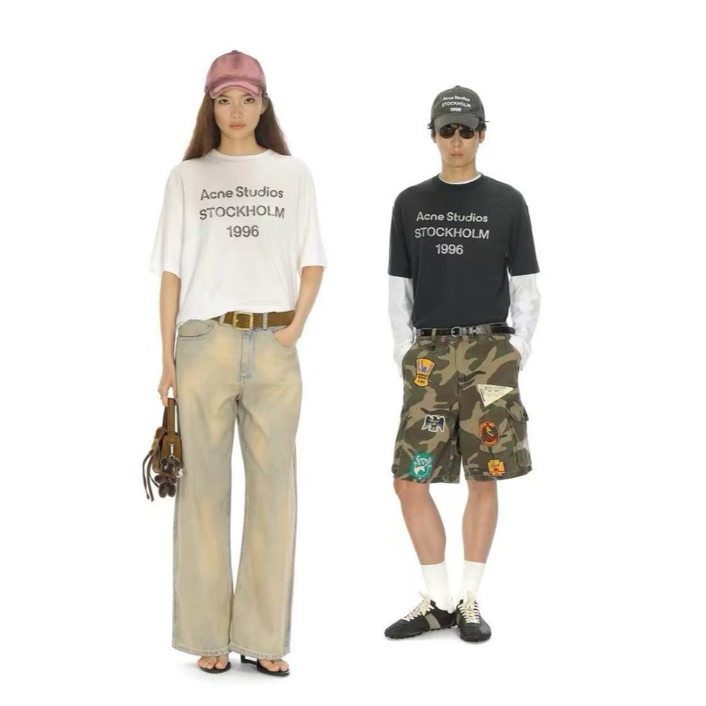 24ss ใหม่ AC Classic 1996 Broken Hole Vintage Letter พิมพ์ครบรอบ Edition High Street Trend INS คู่เสื้อยืดแขนสั้น