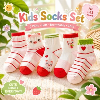 【ส่งด่วน】🧦 ถุงเท้าเด็กผู้หญิง 5 คู่ ลายการ์ตูนน่ารัก นุ่มสบาย ระบายอากาศ ขอบสูง เด็กอายุ 1-13 ปี
