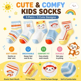 【ส่งด่วน】🧦 ถุงเท้าเด็กผู้หญิง 5 คู่ ลายการ์ตูนน่ารัก นุ่มสบาย ระบายอากาศ ขอบสูง เด็กอายุ 1-13 ปี