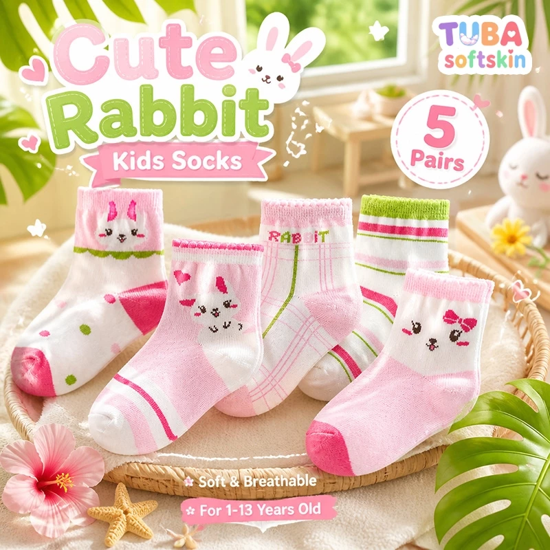 【ส่งด่วน】🧦 ถุงเท้าเด็กผู้หญิง 5 คู่ ลายการ์ตูนน่ารัก นุ่มสบาย ระบายอากาศ ขอบสูง เด็กอายุ 1-13 ปี