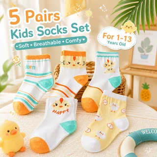 【ส่งด่วน】🧦 ถุงเท้าเด็กผู้หญิง 5 คู่ ลายการ์ตูนน่ารัก นุ่มสบาย ระบายอากาศ ขอบสูง เด็กอายุ 1-13 ปี