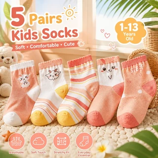 【ส่งด่วน】🧦 ถุงเท้าเด็กผู้หญิง 5 คู่ ลายการ์ตูนน่ารัก นุ่มสบาย ระบายอากาศ ขอบสูง เด็กอายุ 1-13 ปี