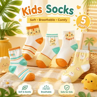 【ส่งด่วน】🧦 ถุงเท้าเด็กผู้หญิง 5 คู่ ลายการ์ตูนน่ารัก นุ่มสบาย ระบายอากาศ ขอบสูง เด็กอายุ 1-13 ปี