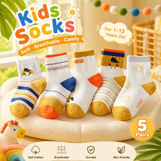 【ส่งด่วน】🧦 ถุงเท้าเด็กผู้หญิง 5 คู่ ลายการ์ตูนน่ารัก นุ่มสบาย ระบายอากาศ ขอบสูง เด็กอายุ 1-13 ปี