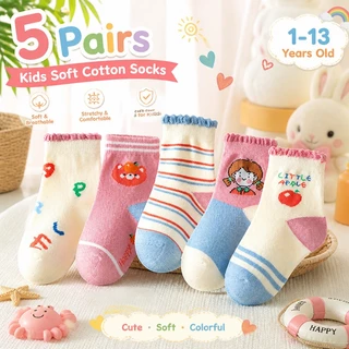 【ส่งด่วน】🧦 ถุงเท้าเด็กผู้หญิงผ้าฝ้าย 5 คู่ ลายการ์ตูนน่ารัก นุ่มสบาย ระบายอากาศ ใส่ประจำวัน