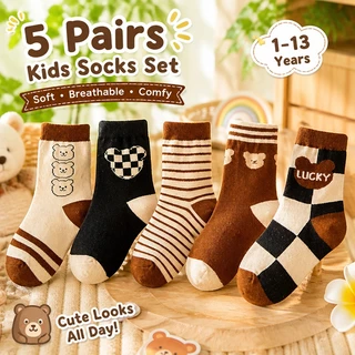 【ส่งด่วน】🧦 ถุงเท้าเด็กผู้หญิงผ้าฝ้าย 5 คู่ ลายการ์ตูนน่ารัก นุ่มสบาย ระบายอากาศ ใส่ประจำวัน