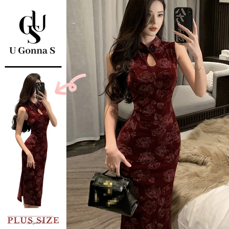 U Gonna S ชุดสีแดงผู้หญิงยาว Cheongsam กํามะหยี่แขนกุดเซ็กซี่จีนแฟชั่น Elegant Bodycon 2026 ยืดอาหารค่ําปาร์ตี้แบบดั้งเดิมชุด Qipao