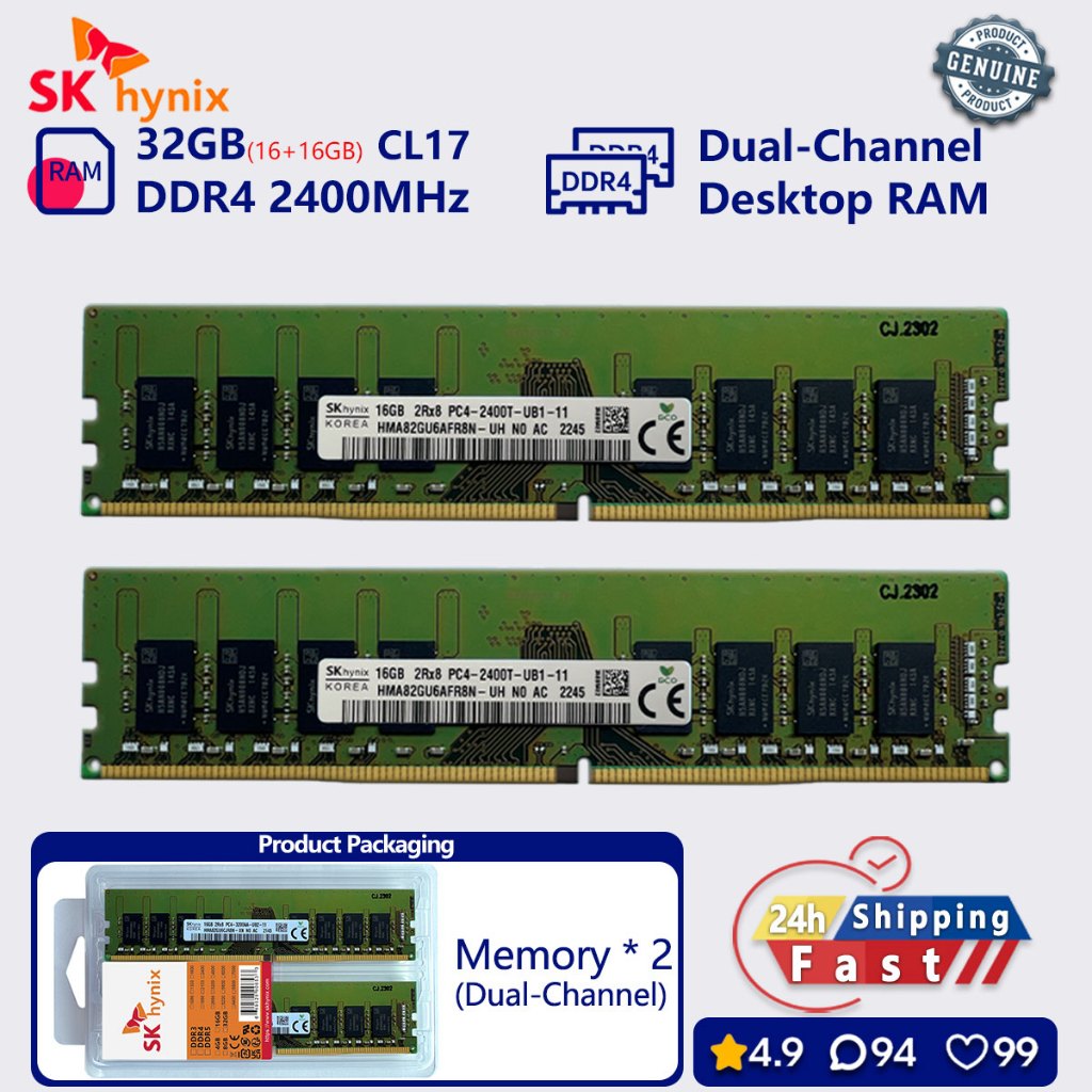 SK hynix 16GB 32GB DDR4 2400 mhz Dual Channel หน่วยความจําเดสก์ท็อป udimm PC4 19200u RAM