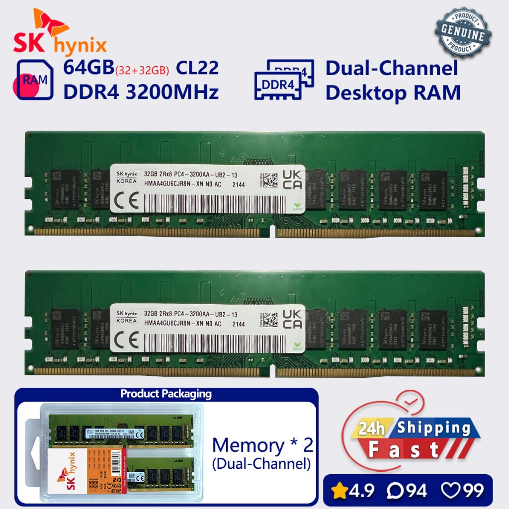 SK hynix 16GB 32GB 64GB DDR4 3200 mhz Dual Channel หน่วยความจําเดสก์ท็อป udimm PC4 25600u RAM