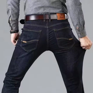Classic men's jeans loose straight leg black blue jeans elastic business casual pants men's brand pants