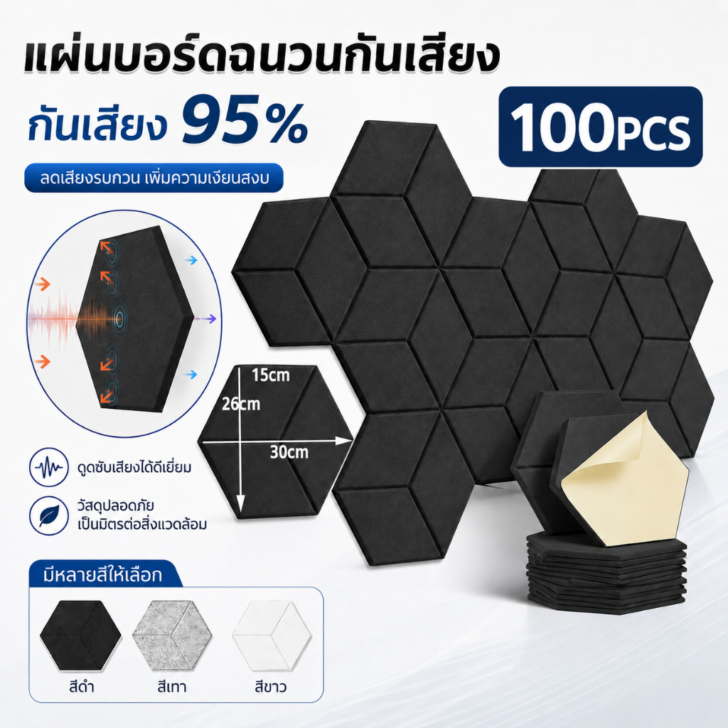 แผ่นซับเสียง 100PCS โฟมซับเสียง แผงซีลประตู 3D มีกาวในตัว ลดเสียงสะท้อน เกรดกันไฟลาม ของตกแต่งผนัง
