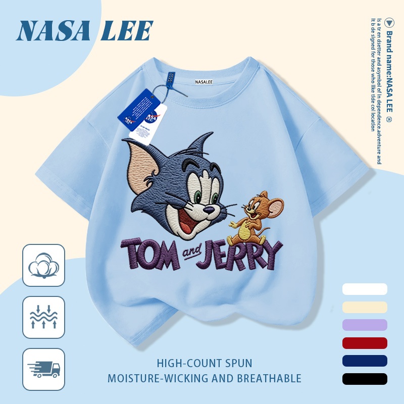 [จัดส่งในวันเดียวกัน] เด็กแสงสีฟ้าผ้าฝ้ายแท้ระบายอากาศเสื้อยืดแมวและเมาส์อินเทรนด์การพิมพ์ 3-16 ปีชายหญิงลําลองแขนสั้น
