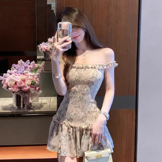 SALE!! เดรส FLORAL DRESS สเตรปเลสระบายขอบลายดอกไม้ ตัวสม็อกยืดรัดเอว กระโปรงสั้นสไตล์หวานเกาหลี