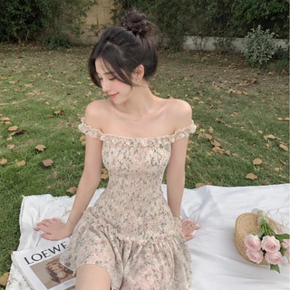 SALE!! เดรส FLORAL DRESS สเตรปเลสระบายขอบลายดอกไม้ ตัวสม็อกยืดรัดเอว กระโปรงสั้นสไตล์หวานเกาหลี