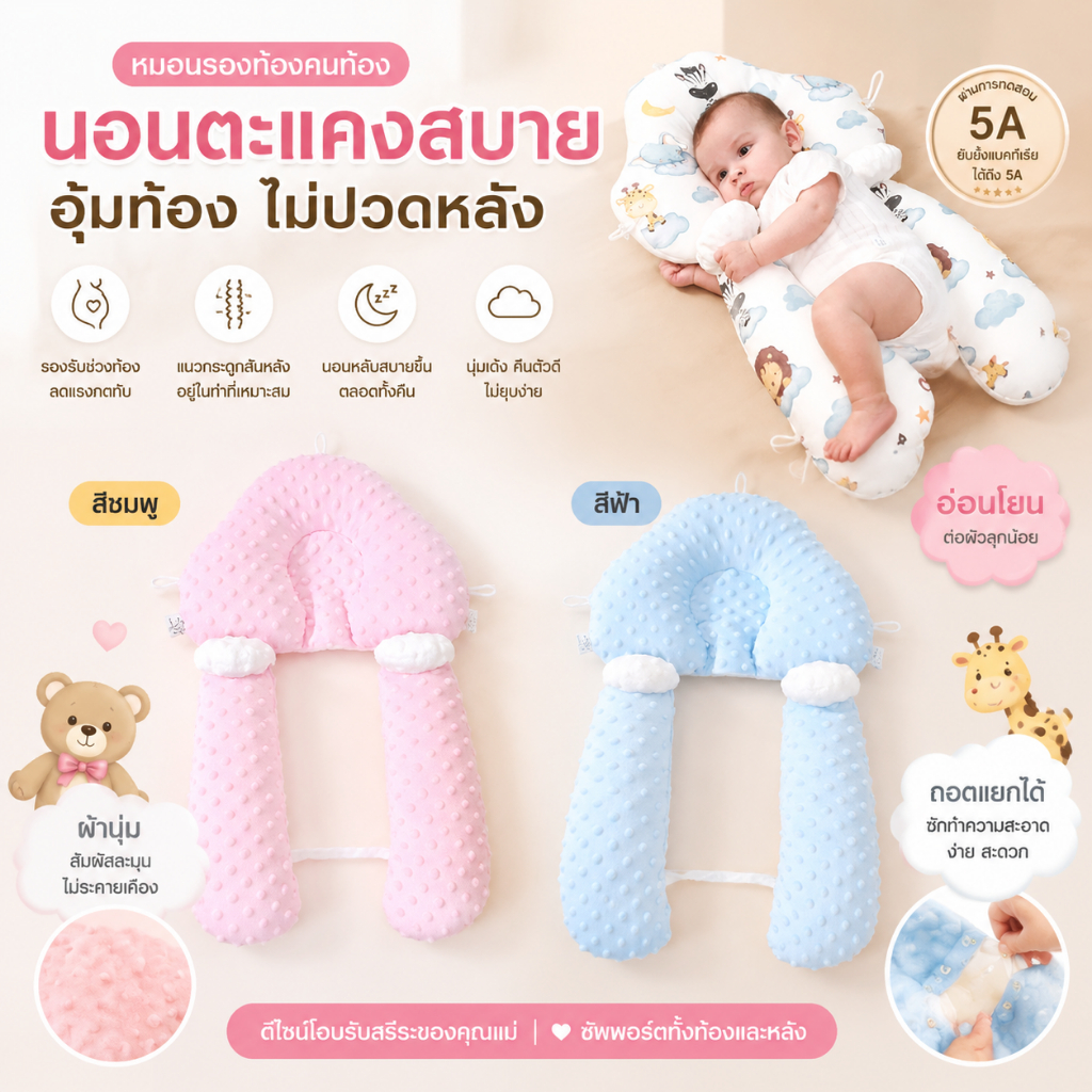 หมอนป้องกันการยืดตัวนี้สามารถเก็บทารกนอนสบายบรรเทาอารมณ์ทารก.ใช้ผ้าฝ้าย100% นุ่มระบายอากาศเหมาะสําหรับทารกอายุ0-1