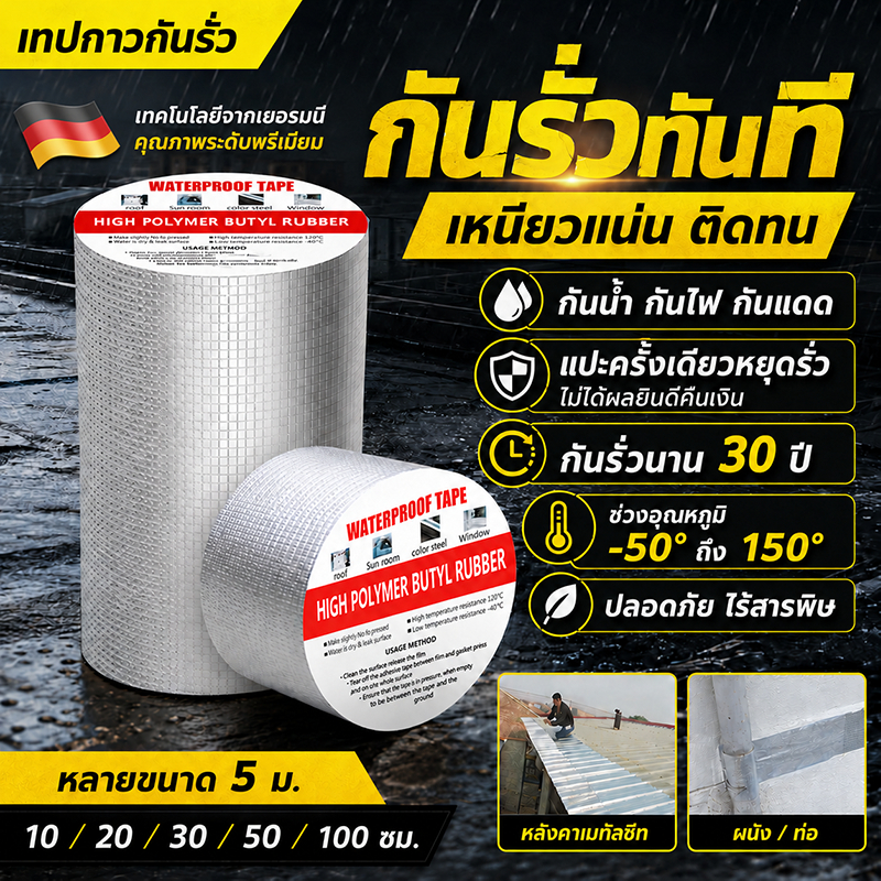 เทปบิวทิลติดหลังคากันรั่ว กันน้ำ 100% ซ่อมรอยรั่วหลังคา ท่อแตก รอยแตกผนัง ติดแน่นทนทาน