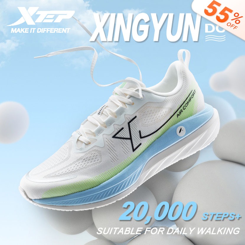 XTEP  Xingyun DC | รองเท้าเดินสไตล์คู่รักเหมาะสําหรับการเดินทางวัน 2,0000 ขั้นตอนเดิน 40°กันกระแทกขนนก+45°Soft Cube Technology รองเท้าวิ่งง่ายกันกระแทกสองชั้น