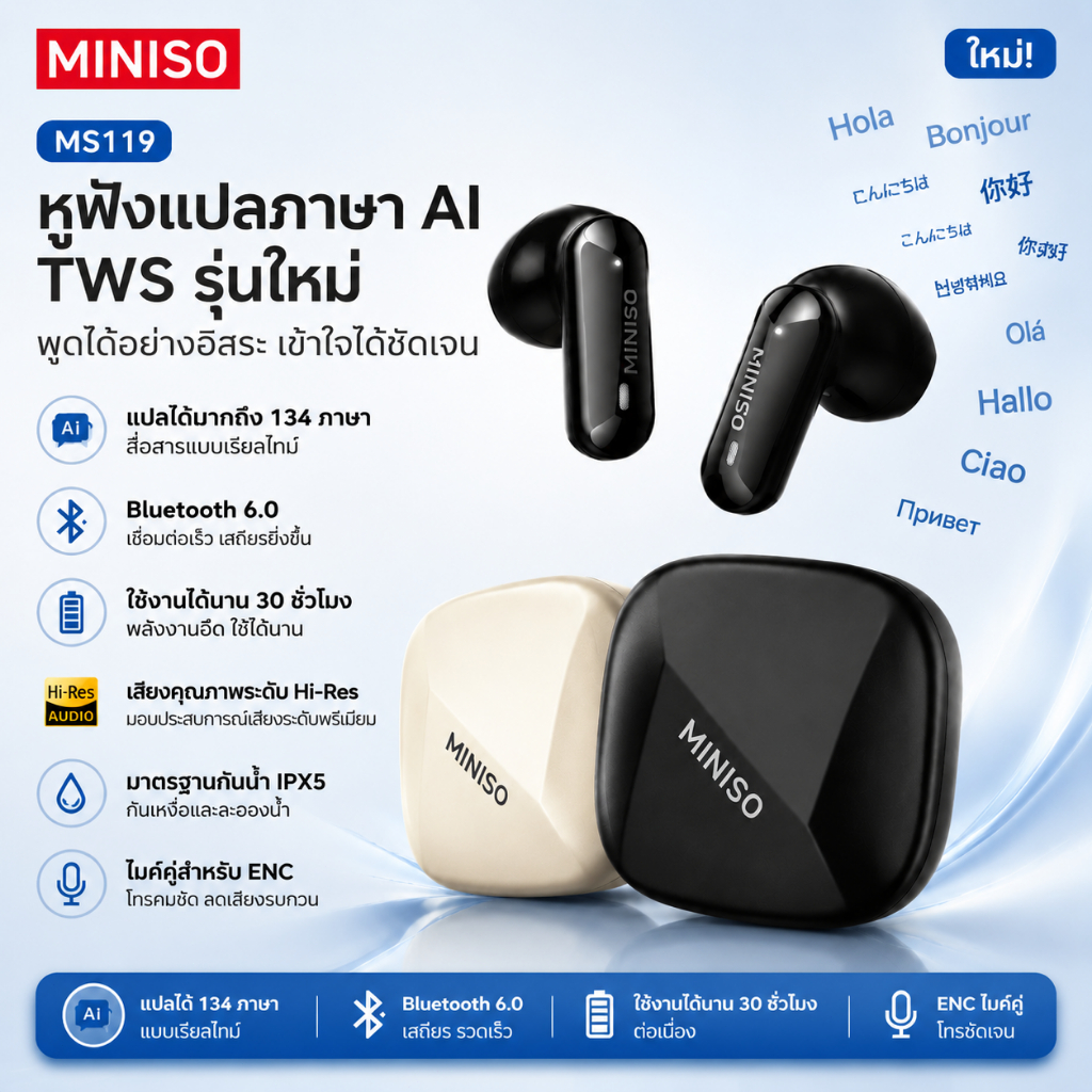 MINISO MS119 หูฟังแปลภาษา AI การแปลหูฟัง Bluetooth หูฟังไร้สาย 6.0 รองรับการแปลภาษา 134 ภาษา หูฟังสำหรับออกกำลังกาย ระบบตัดเสียงรบกวน เสียง IPX5 ชุดหูฟังไร้สายกันน้ํา
