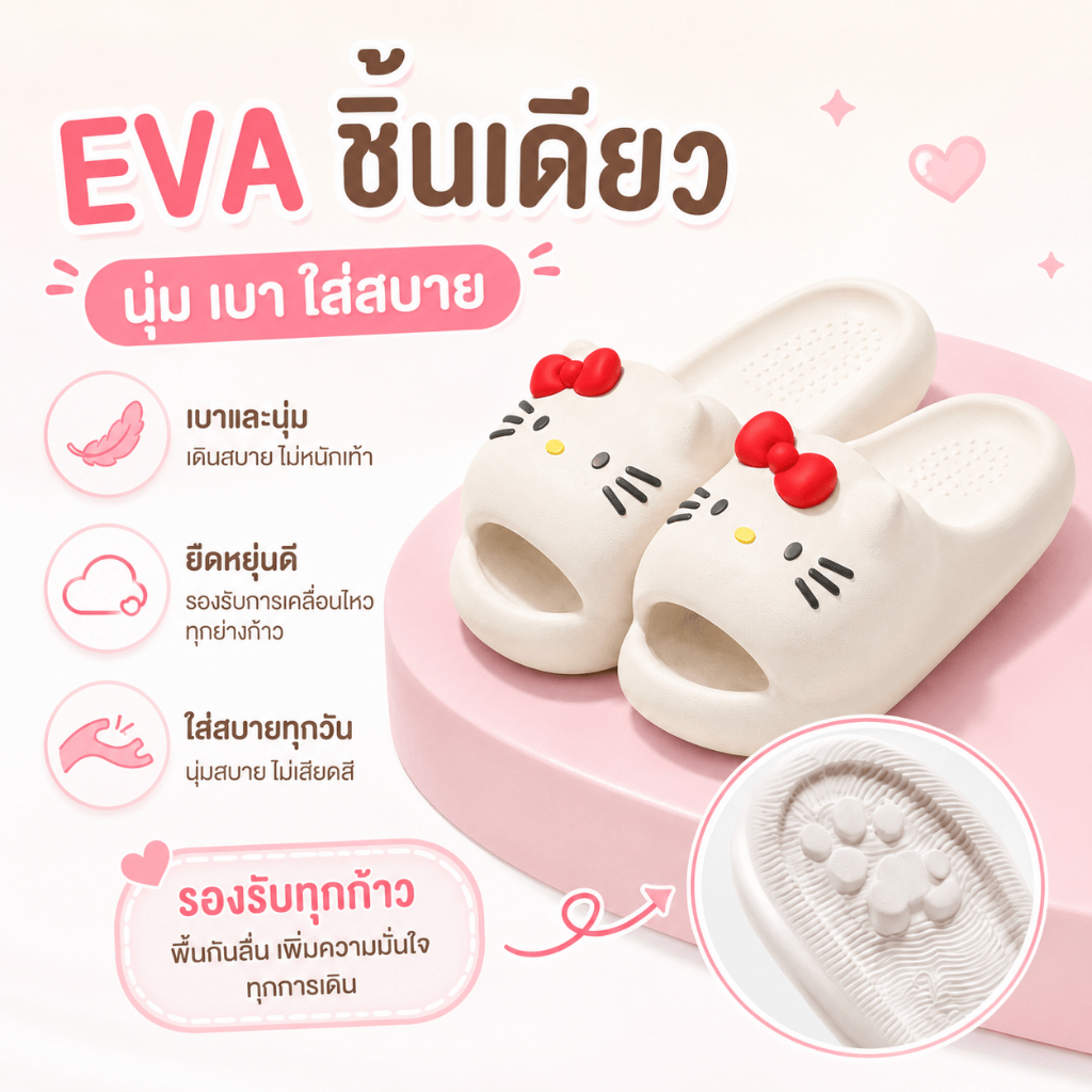 FOWE รองเท้าแตะใส่ในบ้านผู้หญิง ลาย Hello Kitty รองเท้าแฟชั่นน่ารัก พื้นนิ่มเด้ง กันลื่น ไม่อับเท้า เหมาะใส่เดินในบ้านและห้องน้ำ