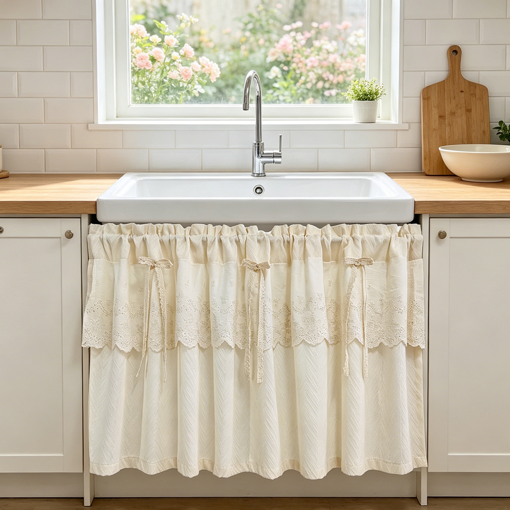 Cottage Beige Geometric Sheer ผ้าม่านสั้น Valance พร้อม Ruffles สําหรับ Cafe ตกแต่งห้อง Farmhouse Wave Deisgn Boho ผ้าม่าน Topper Rod กระเป๋า