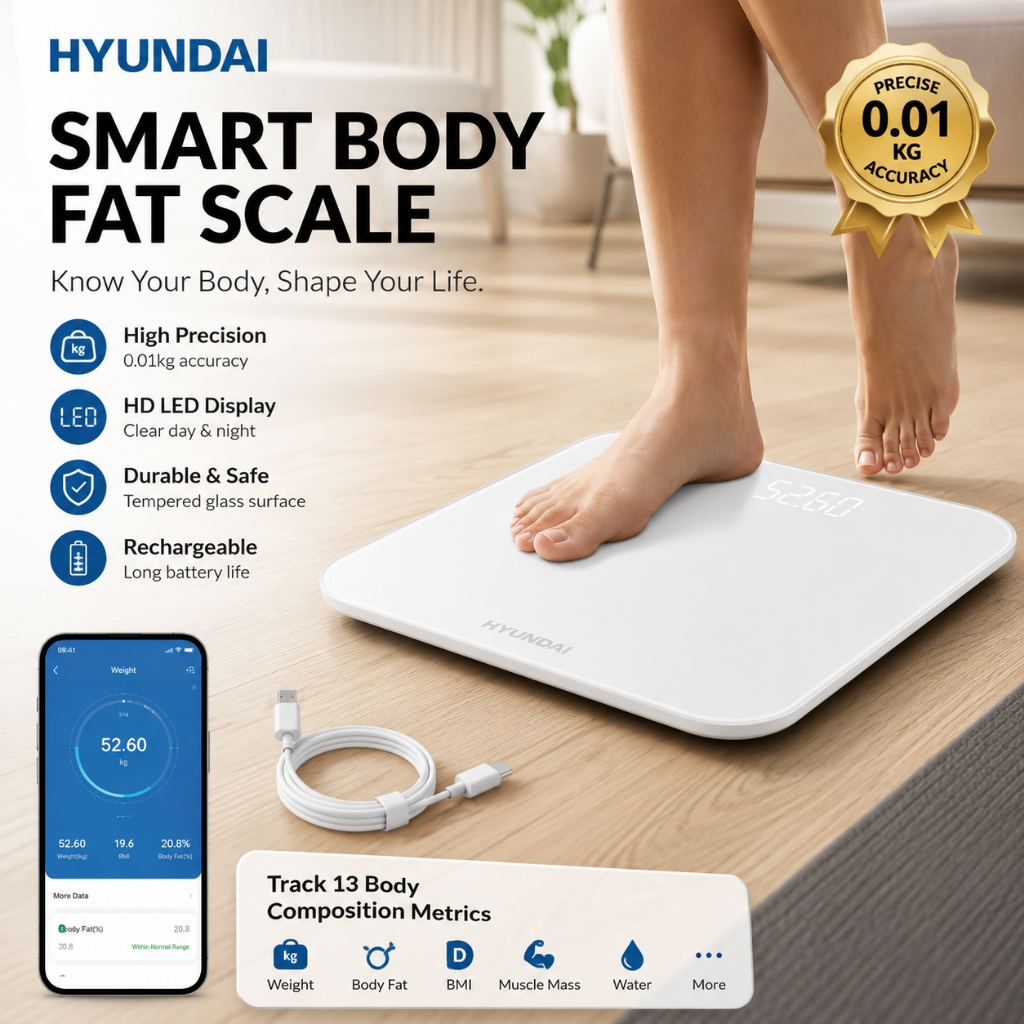 เครื่องชั่งน้ำหนักวัดไขมัน HYUNDAI TWS26 Smart Body Fat Scale หน้าจอ LED เชื่อมต่อ Bluetooth 5.0 ติดตามข้อมูลผ่านแอปปรับแต่งได้เอง