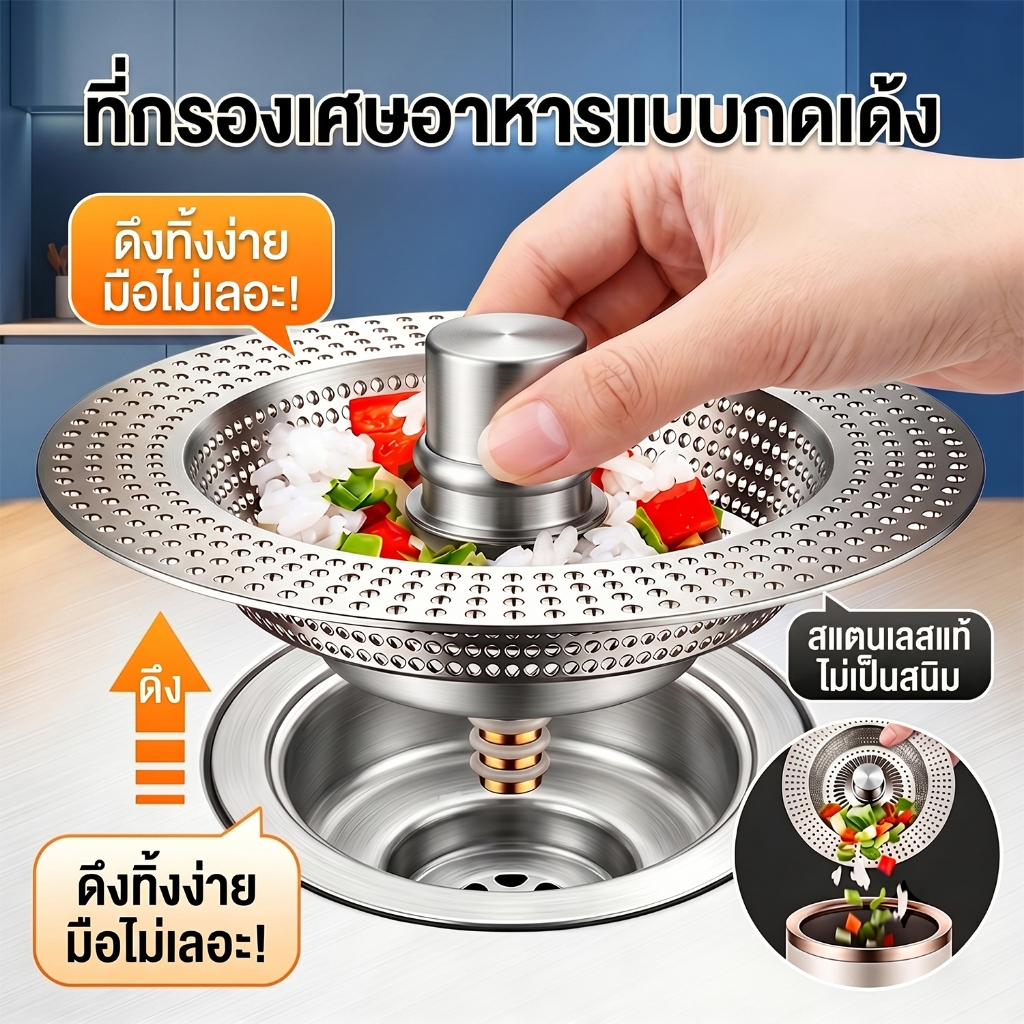 สะดืออ่างล้างจาน แบบกดเด้ง ใช้ได้ทั่วไป กันกลิ่นเหม็น ตะแกรงกรองอ่างล้างจาน อุปกรณ์ห้องครัว