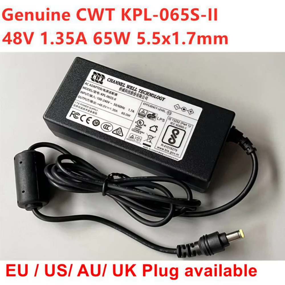CWT 48V 1.35A 65W AC DC Adaptor KPL-065S-II VI สําหรับ Hikvision Video Recorder NVR POE Power Supply