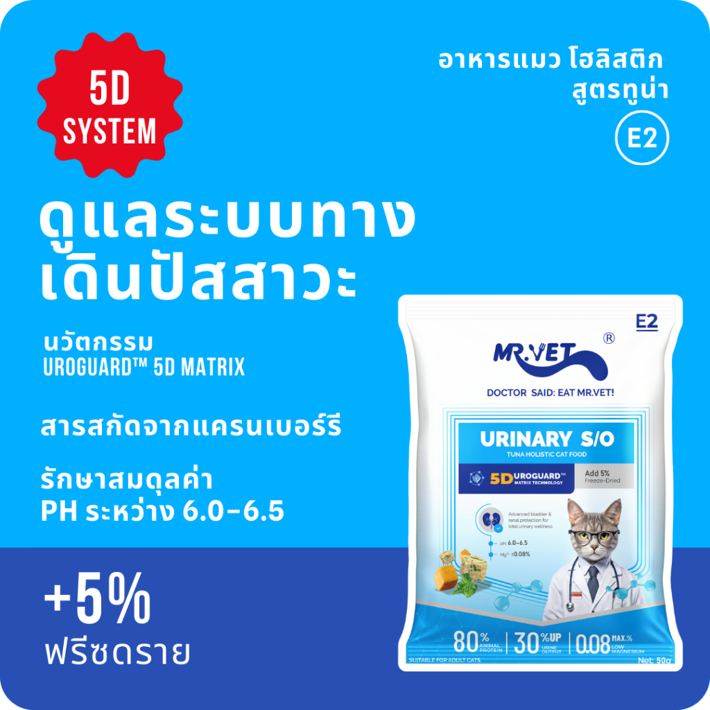 MR.Vet E2 UroGuard™ อาหารแมวเมทริกซ์ 5ง 50ก – รองรับสุขภาพทางเดินปัสสาวะ & ไต ควบคุม ปริญญาเอก ปัสสาวะ ป้องกันหิน พร้อมโปรตีนสูง 30% จากปลาทูน่า