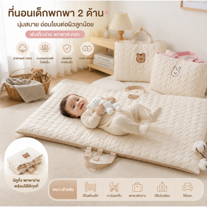 เสื่อนอนเด็กพับได้ 120x70cm กันกระแทก นิ่มสบาย ใช้ที่โรงเรียนอนุบาล ปิกนิก ท่องเที่ยว ผ้าคอตตอนแท้ พกพาสะดวก
