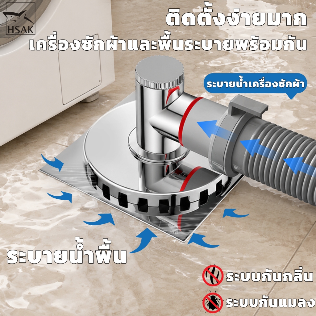 ข้อต่อท่อระบายน้ำเครื่องซักผ้า 2-in-1 สแตนเลส กันกลิ่น กันแมลง สำหรับเครื่องซักผ้าและเครื่องอบผ้า HSAK