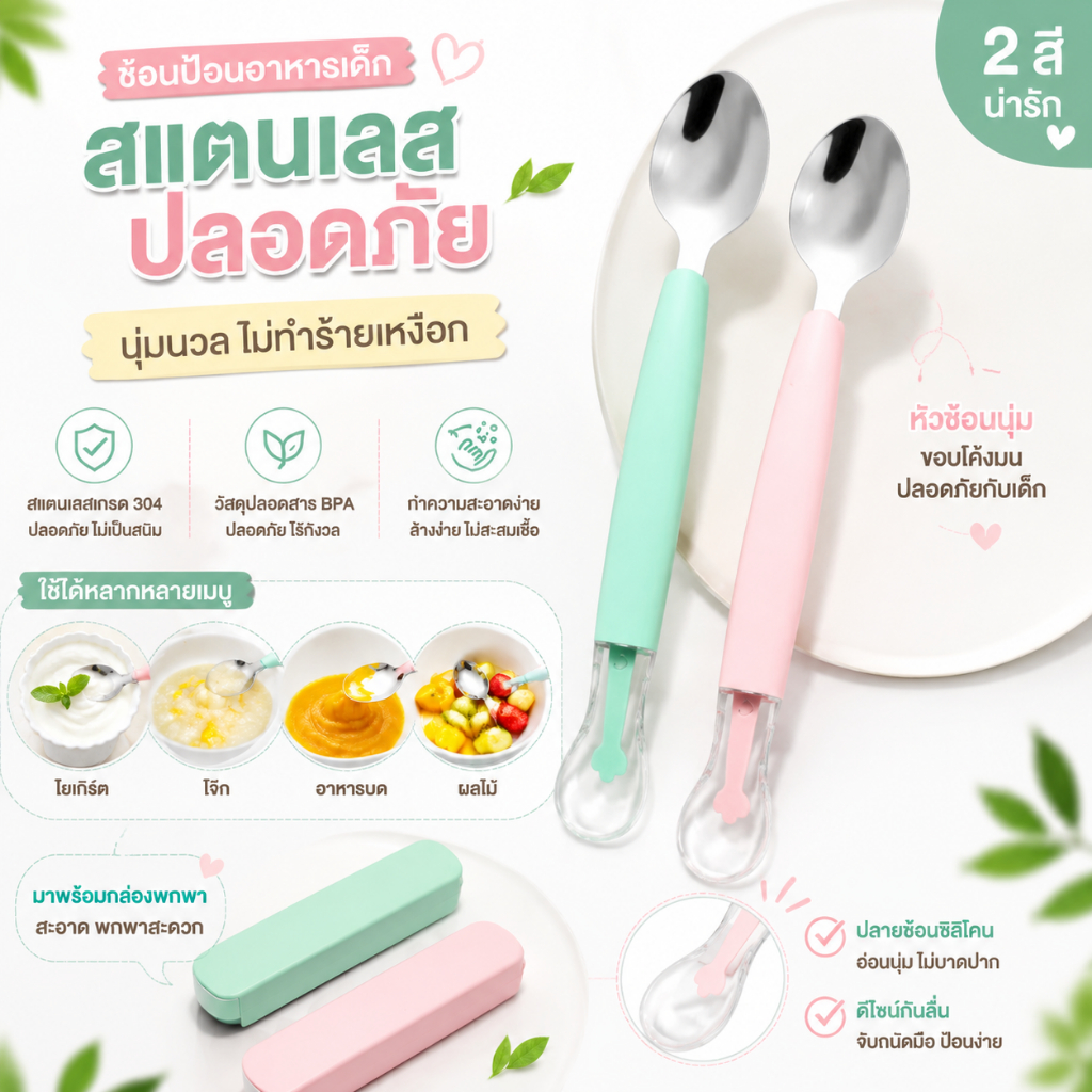 ช้อนเด็กทารกช้อนสองหัวเครื่องมือป้อนอาหารเด็กช้อนบดผลไม้