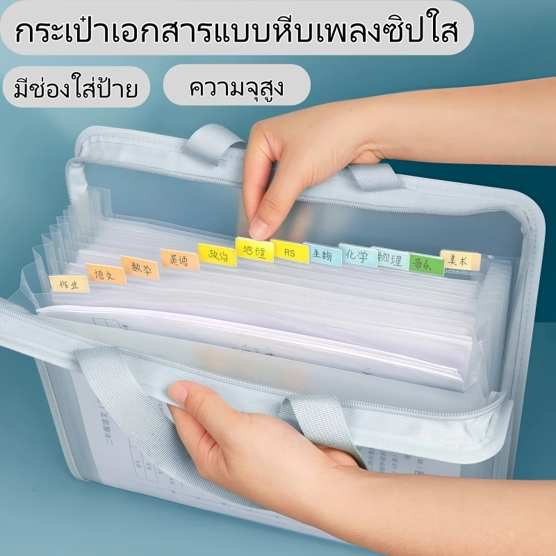 แฟ้มถุงซิปพลาสติกใส กระเป๋าเอกสารหีบเพลง พกพาได้ ขนาด F4 และ A4 เหมาะเก็บกระดาษข้อสอบ เอกสารงาน
