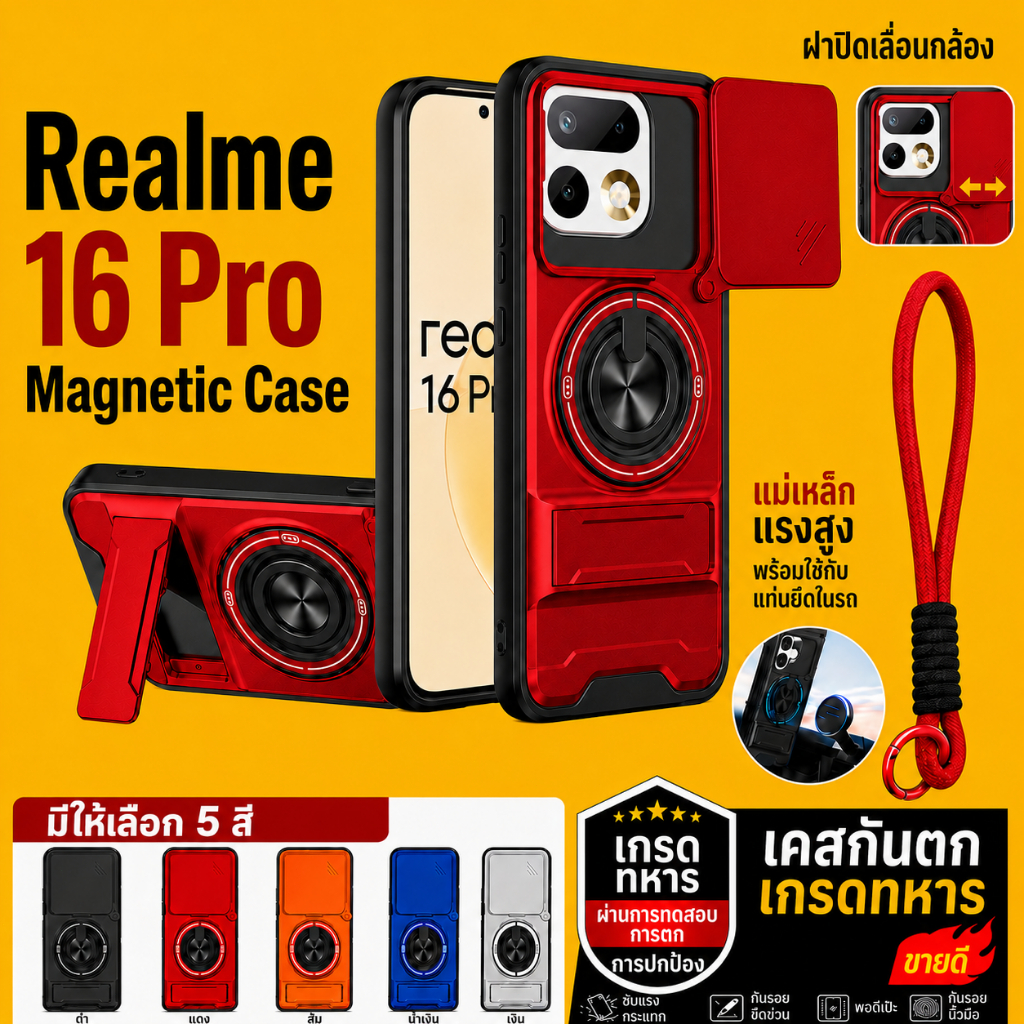 เคสโทรศัพท์มัลติฟังก์ชั่นหรูหราเหมาะสําหรับRealme 16 Pro Plus 5G Lanyard 360°ขาตั้งแหวนพร้อมปลอกกล้องแม่เหล็กติดรถยนต์กันกระแทกฝาครอบป้องกันเต็มรูปแบบ