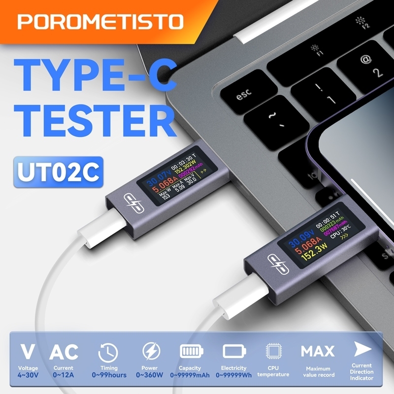 POROMETISTO UT02C/UT03C มัลติฟังก์ชั่ Type-C เครื่องทดสอบจอแสดงผลสีแรงดันไฟฟ้า Current Power Meter DC 4 ~ 30V 12A โทรศัพท์ Fast Charging Tester โวลต์มิเตอร์แอมป์มิเตอร์