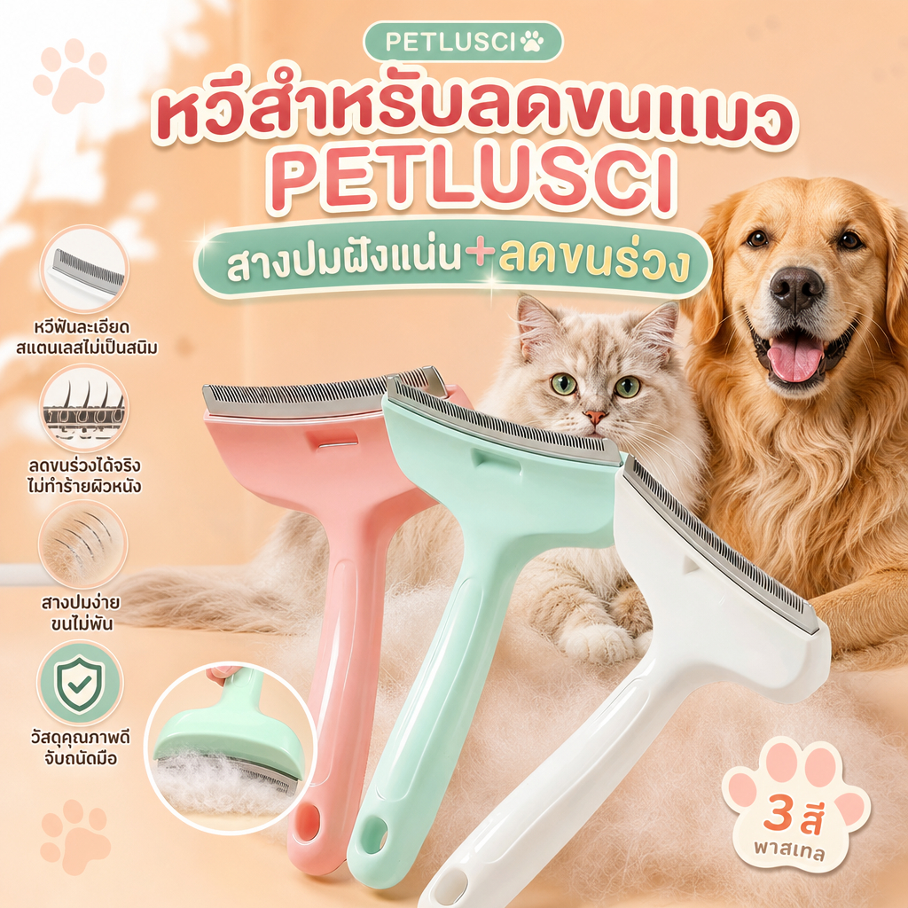 PETLUSCI หวีแปรงขนสัตว์เลี้ยง หวีแมว หวีสุนัข แปรงกำจัดขนร่วง 💈 สเตนเลส ซี่ปลอดภัย ไม่บาดผิว 🔄