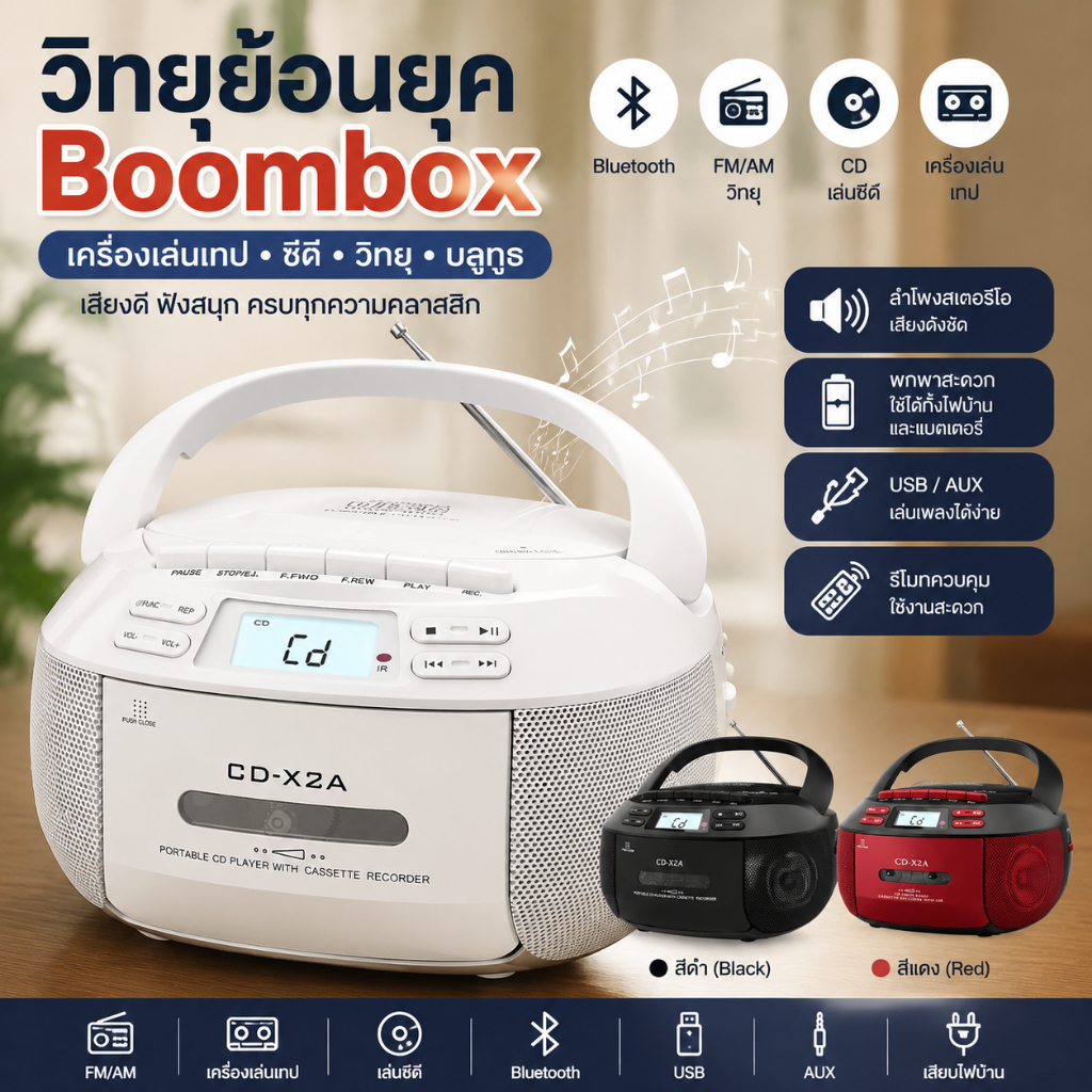 วิทยุย้อนยุค Boombox Bluetooth เครื่องเล่นเทป ซีดี FM/AM ลำโพงสเตอริโอ Retro Portable