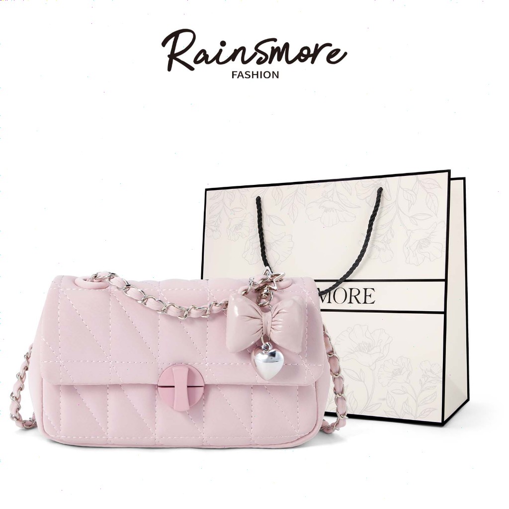 RAINSMORE กระเป๋าสะพายข้างผู้หญิง วัสดุ PU มีเชือกโซ่เหล็ก สะพายไหล่/สะพายบาหู แฟชั่นออลแมตช์ เหมาะสำหรับออกเดท/วันทำงาน