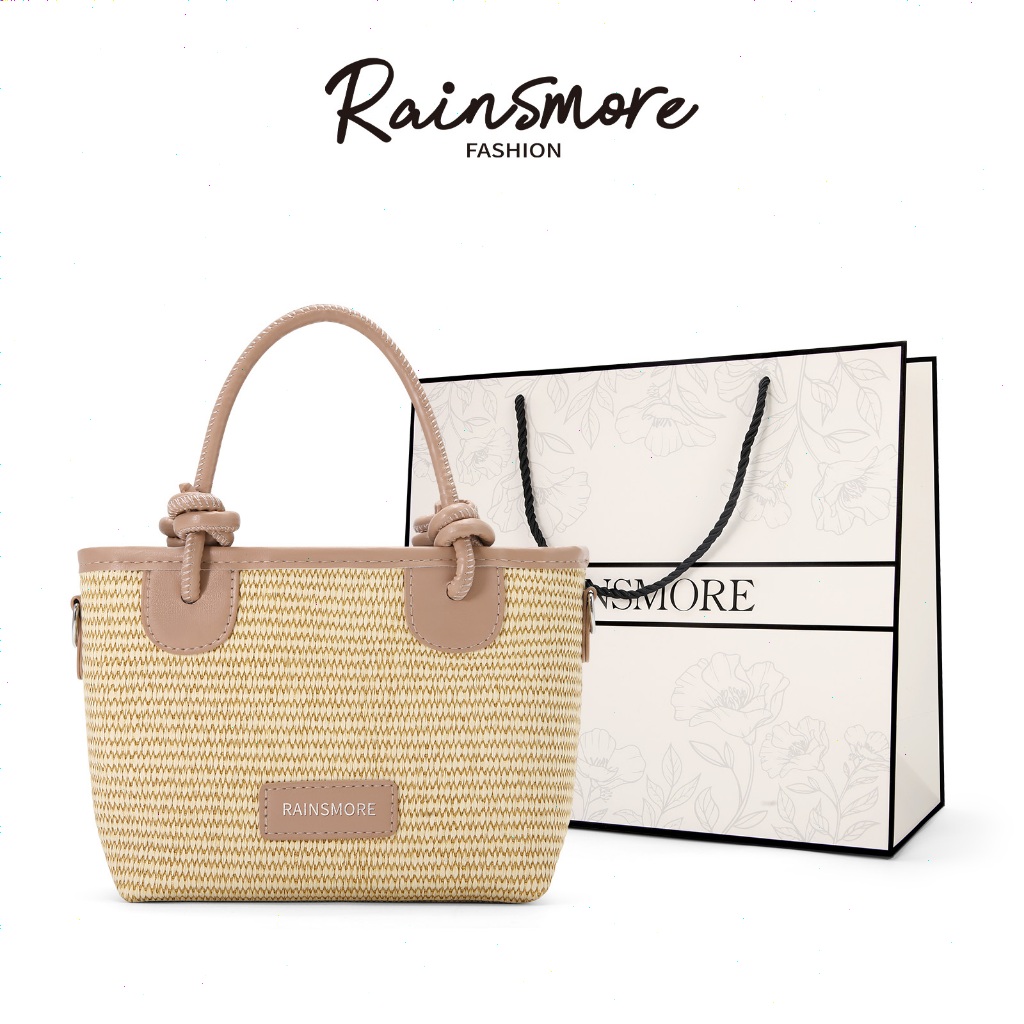 กระเป๋าสาน RAINSMORE สไตล์วินเทจ สําหรับผู้หญิง สามารถถือหรือสะพายข้างได้ ใช้ได้ทั้งชายหาดและชีวิตประจำวัน