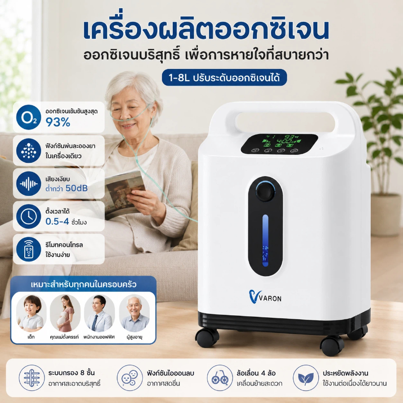 VARON เครื่องผลิตออกซิเจนแบบใช้ไฟบ้าน 1-8 ลิตร/นาที ความเข้มข้นออกซิเจน 93% พร้อมฟังก์ชันพ่นยา สำหรั