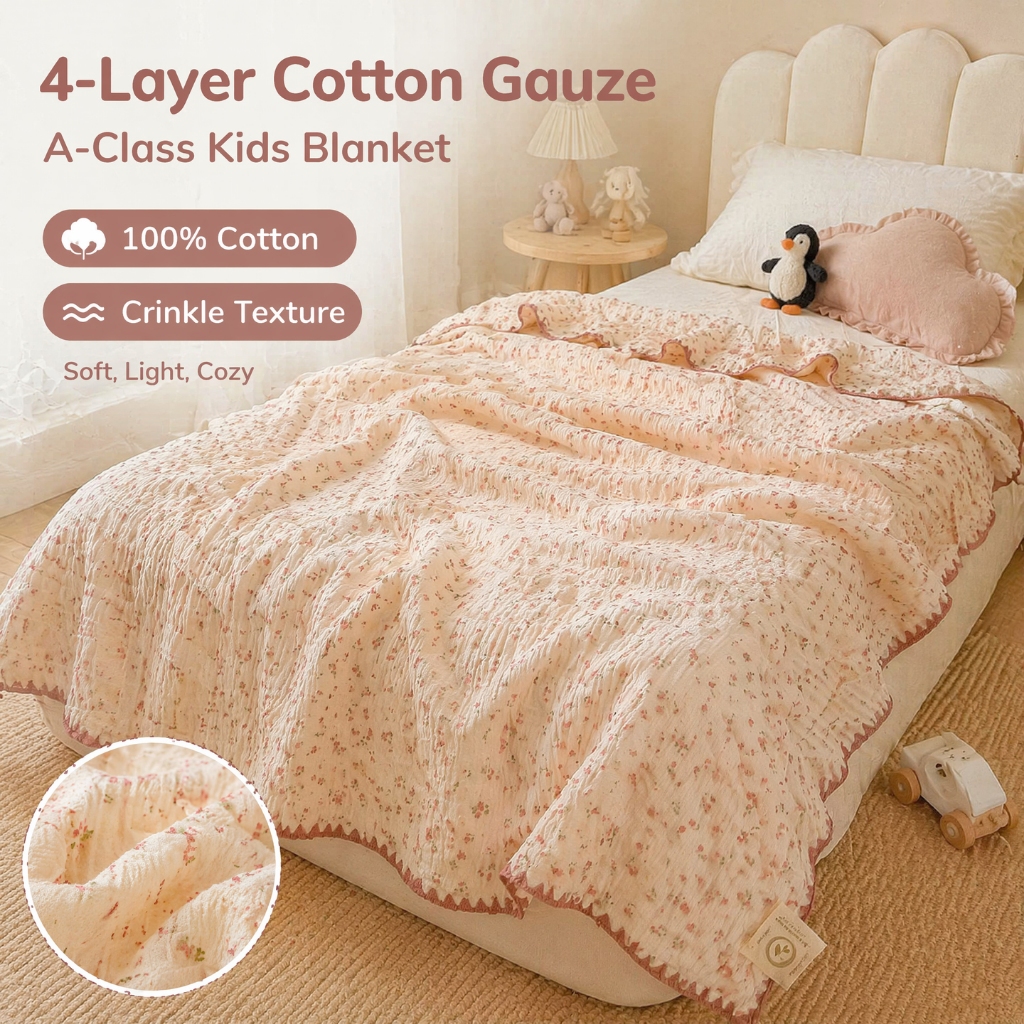 ผ้าฝ้าย100% ผ้าก๊อซ 4-ชั้น ผ้าคลุมเตียง ผ้าห่ม Pure Cotton Double gauze Blanket กระต่าย/ดอกไม้ 80*105 ซม. 105*130 ซม. 150*200 ซม.